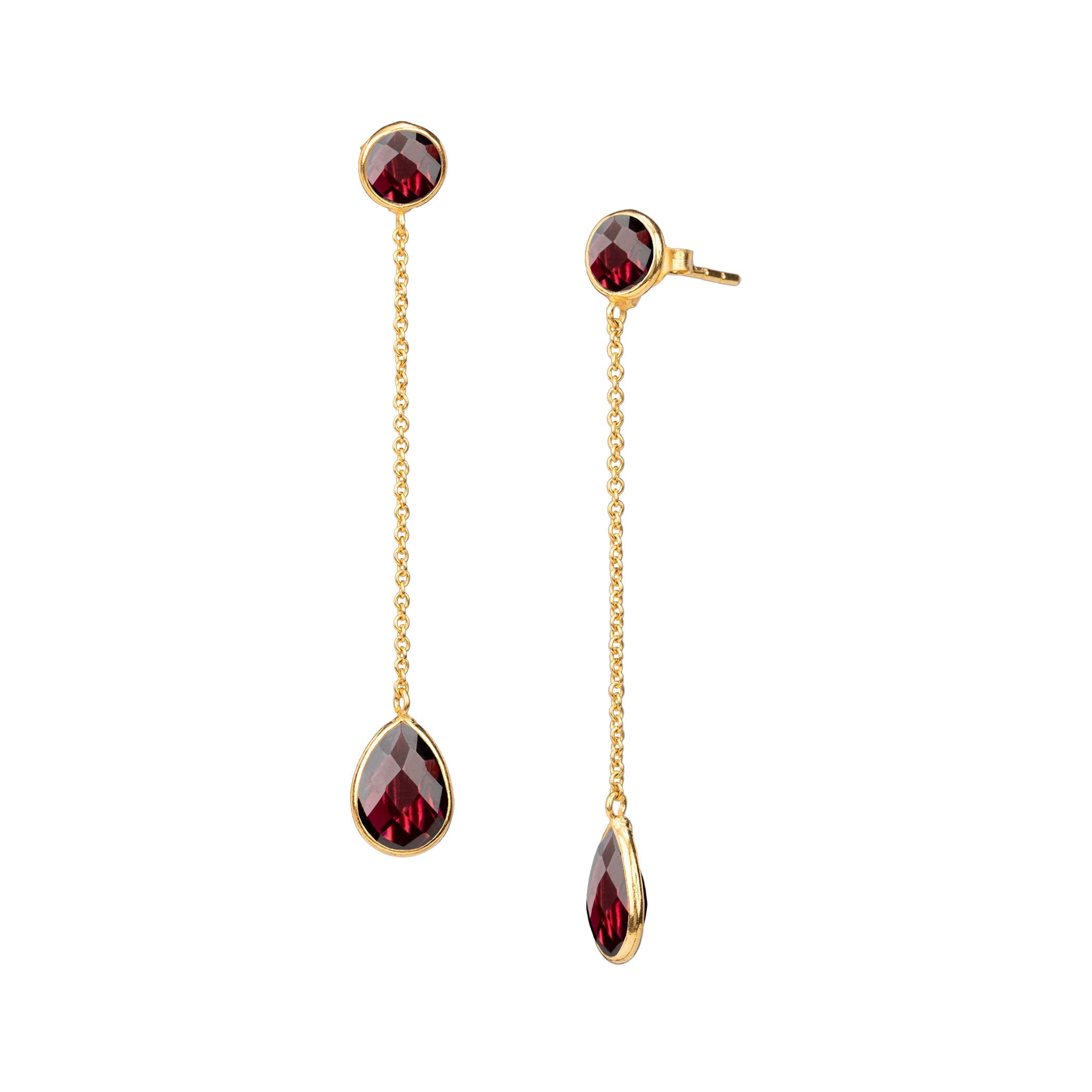 Dew Drops Chained Garnet Dangler Earrings Gold