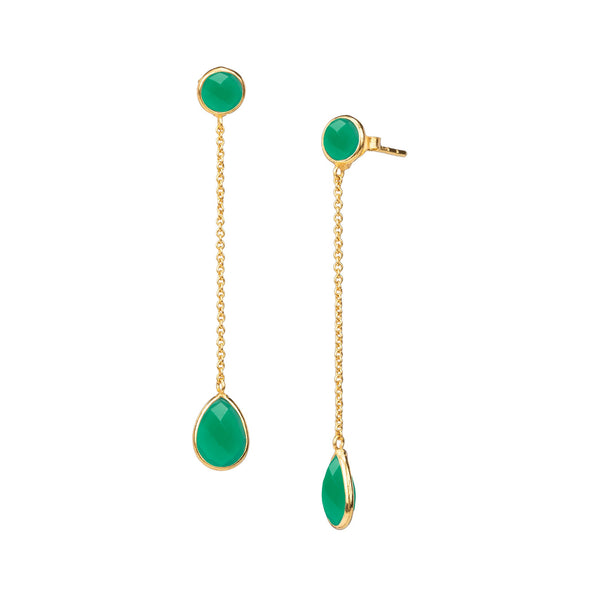 Dew Drops Chained Green Onyx Dangler Earrings Gold