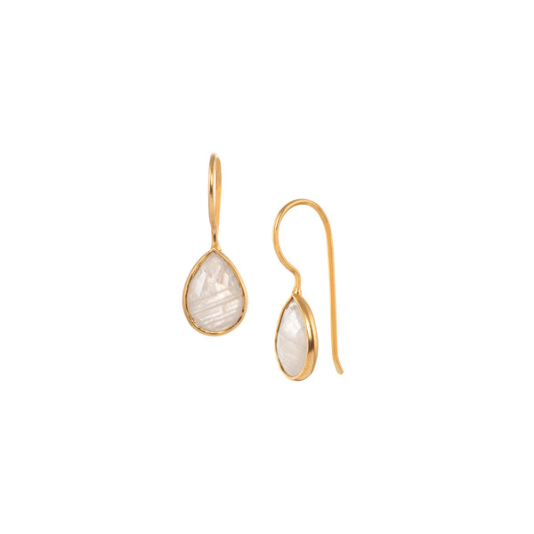 Dew Drops Single Stone Teardrop Earrings Gold Rainbow Moonstone
