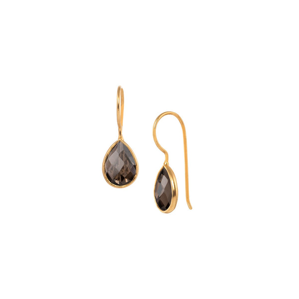 Dew Drops Single Stone Teardrop Earrings Gold Smoky Quartz