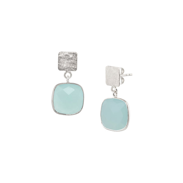 Geo Glam Square Plate and Bezelled Gemstone Drop Earrings Silver
