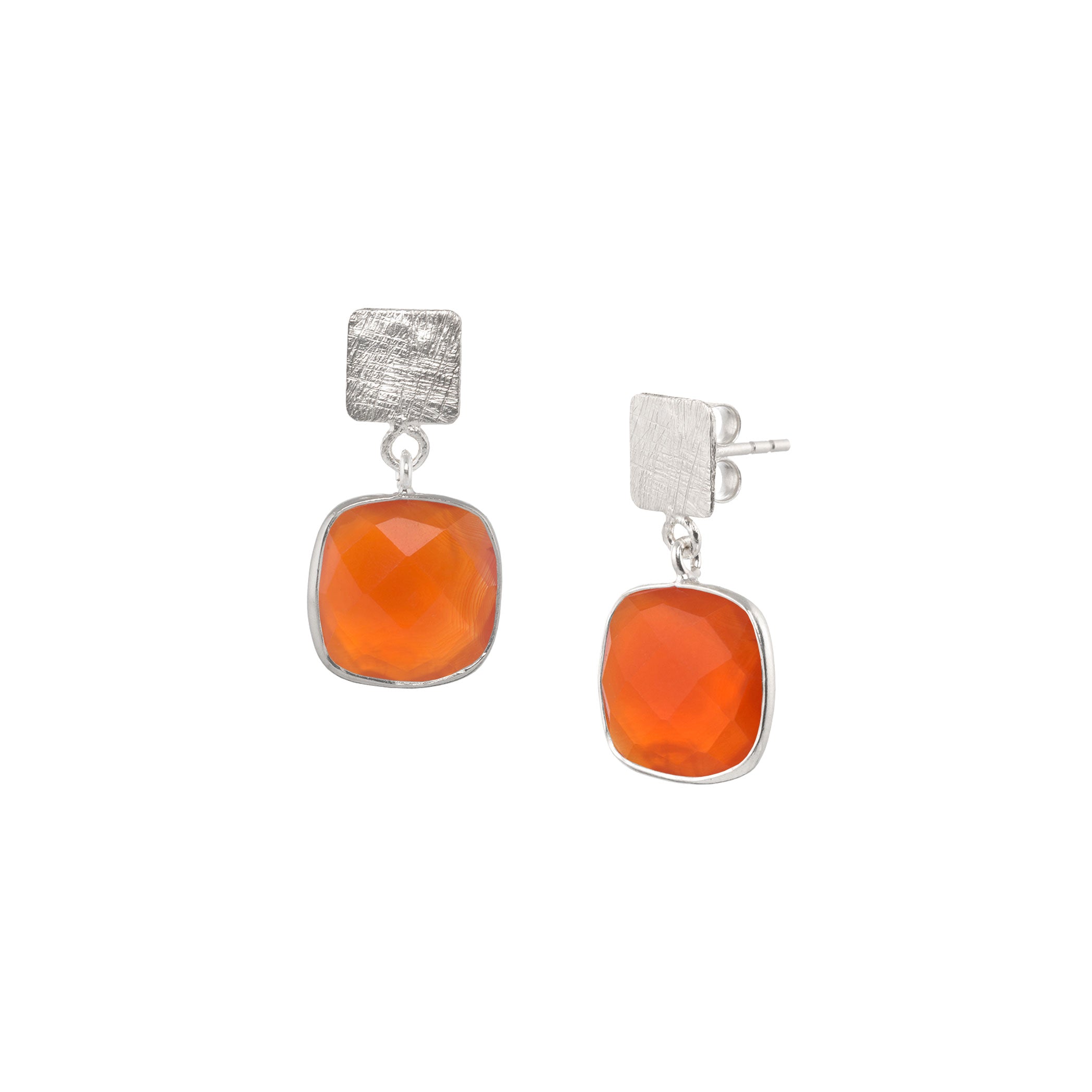Geo Glam Square Plate and Bezelled Gemstone Drop Earrings Silver