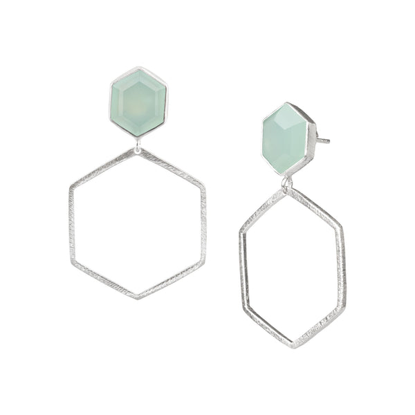 Geo Glam Hexagon Aqua Chalcedony Statement Earrings Silver