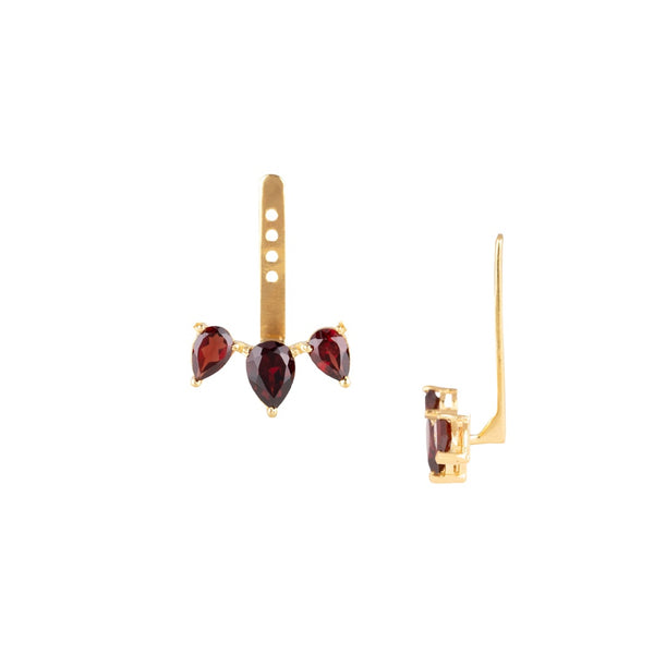 Dew Drops Garnet Three Stone Ear-Jacket Earrings Gold