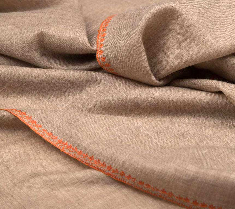 Embroidered Cashmere Stole - Natural Pashmina (Undyed) Fine Orange Embroidered Edge