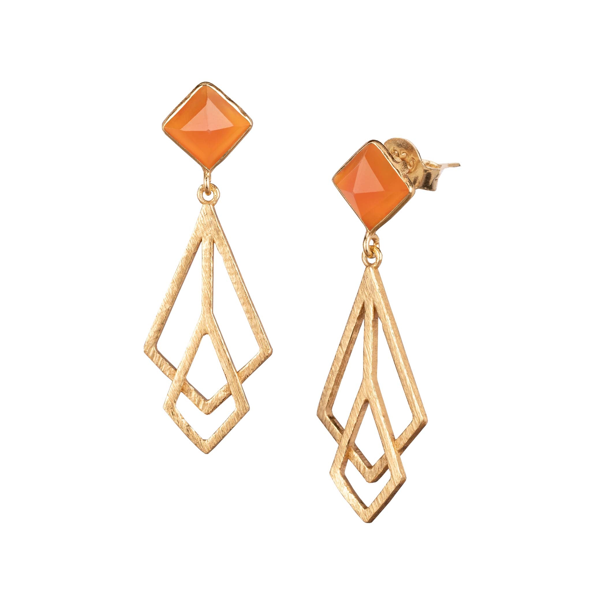 Protsaah Zurich - Geo Glam Carnelian prisms statement earrings in 22K gold-plated recycled silver, handcrafted sustainable jewelry Switzerland.