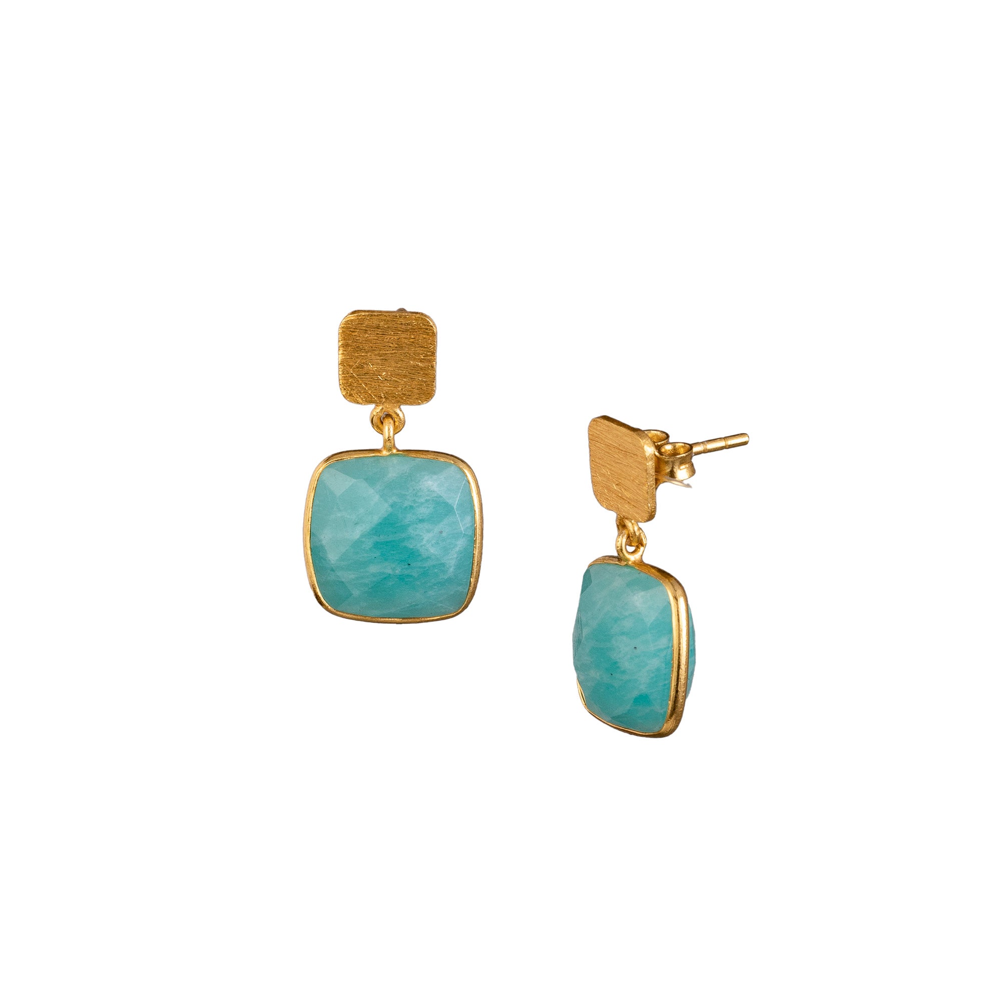 Product photography of Geo Glam Cushion-Cut Amazonite Drop Earrings Gold, highlighting the faceted square opaque turquoise blue gemstone suspended from a hand-textured matte gold square post — Protsaah Zurich.