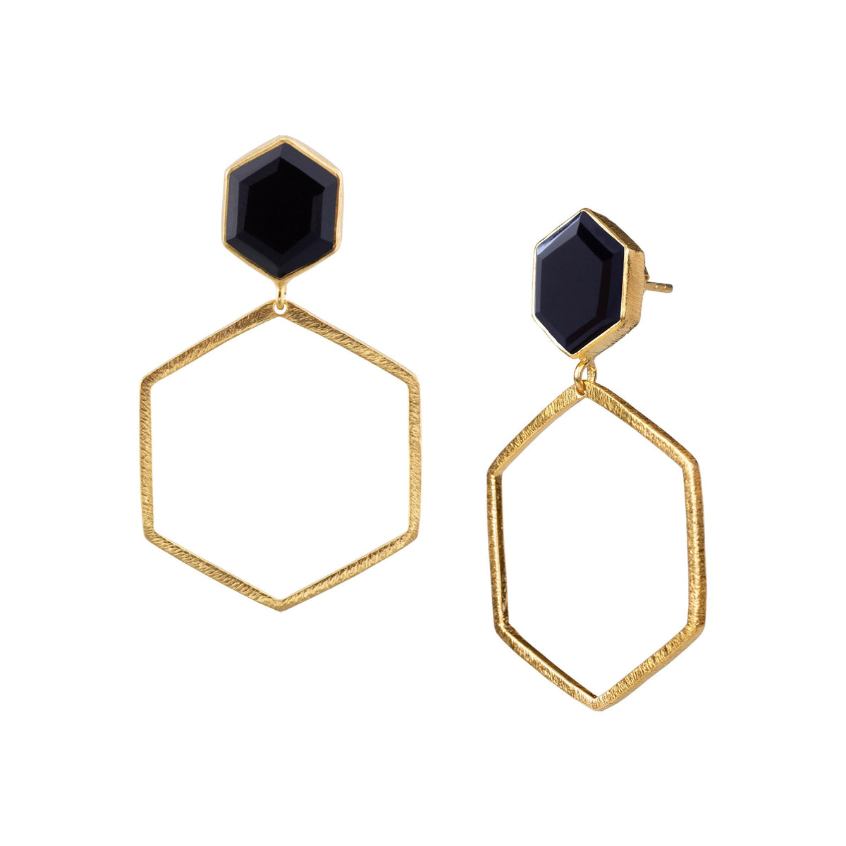 Hexagon-cut black onyx stud above a large open gold hexagon frame on a white background