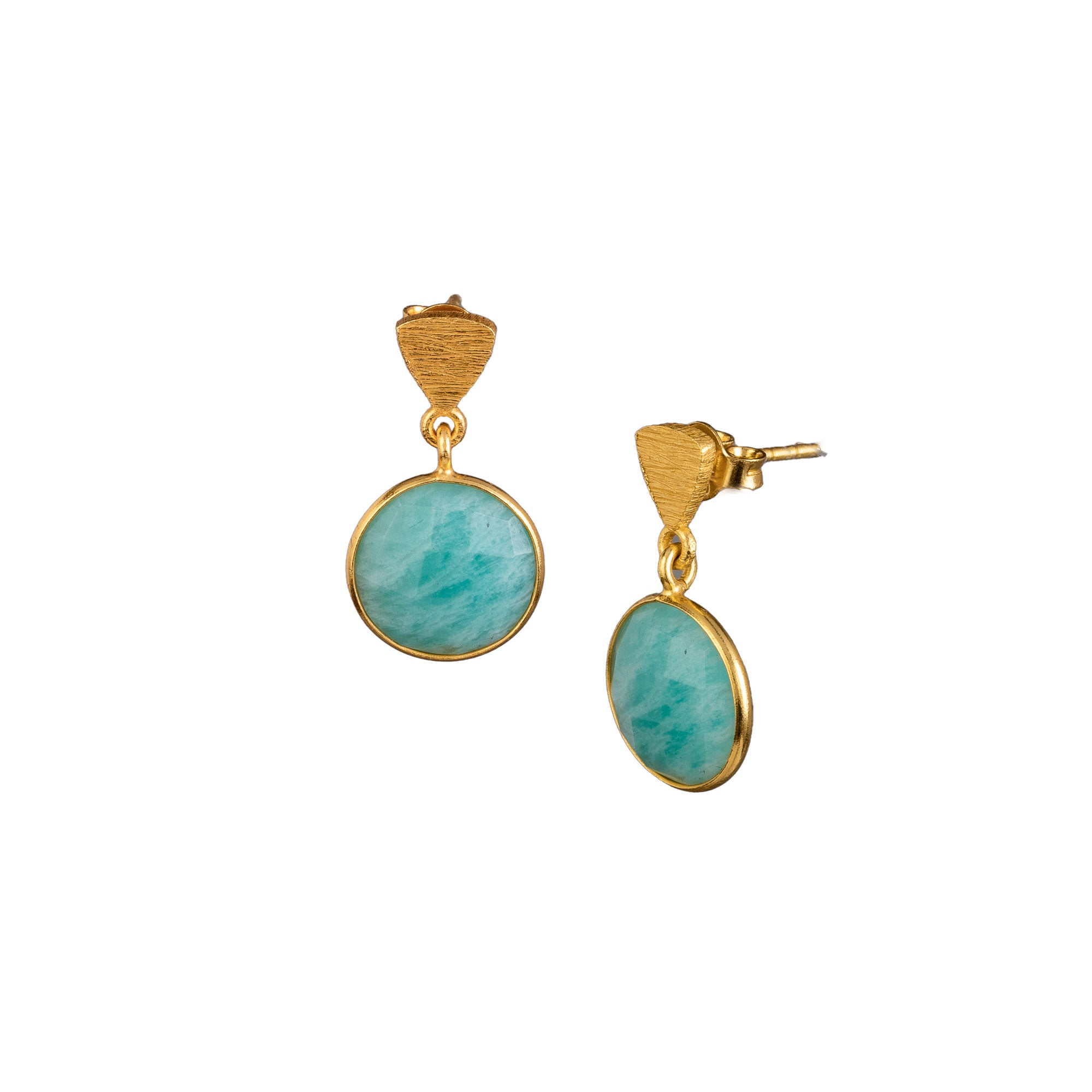 Studio product photography of the Protsaah Geo Glam Triangle Textured Amazonite Drop Earrings in Gold (SKU: ER-DP-011-AU-AMZ), showing the round milky turquoise-blue amazonite stone dropping from a textured, matte gold triangle stud.