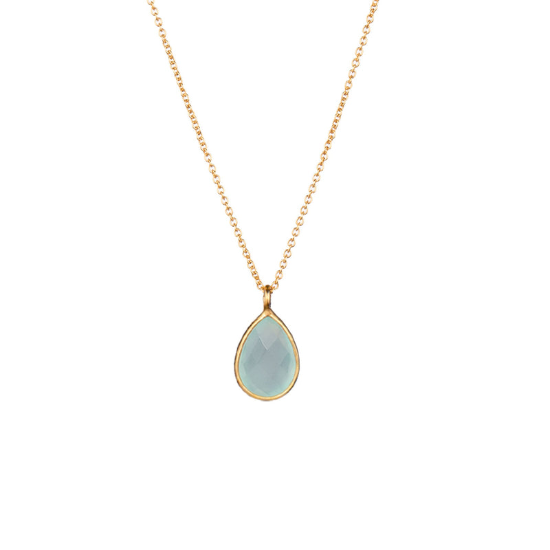 Dew Drops Aqua Calcedony Teardrop Pendant Necklace Gold