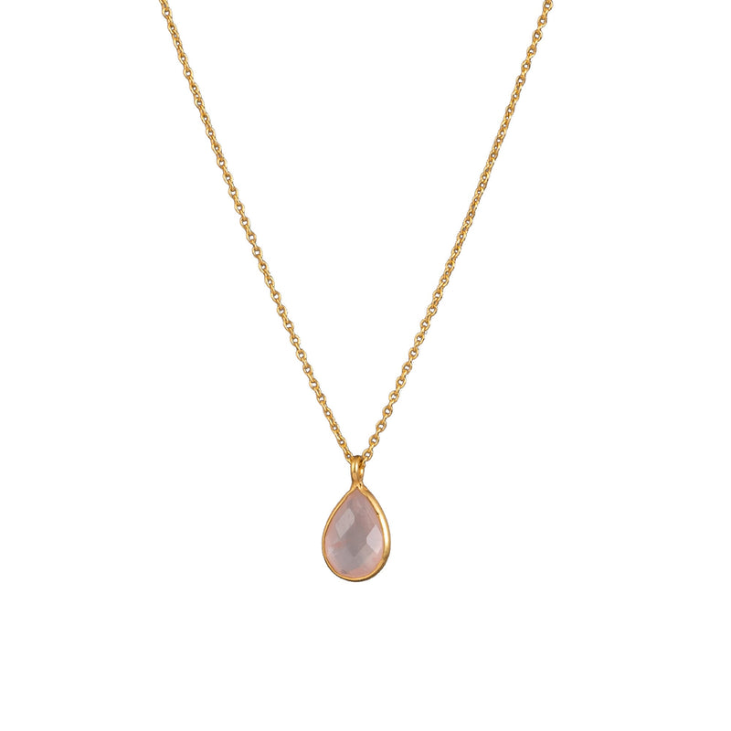 Dew Drops Rose Quartz Teardrop Stone Necklace Gold