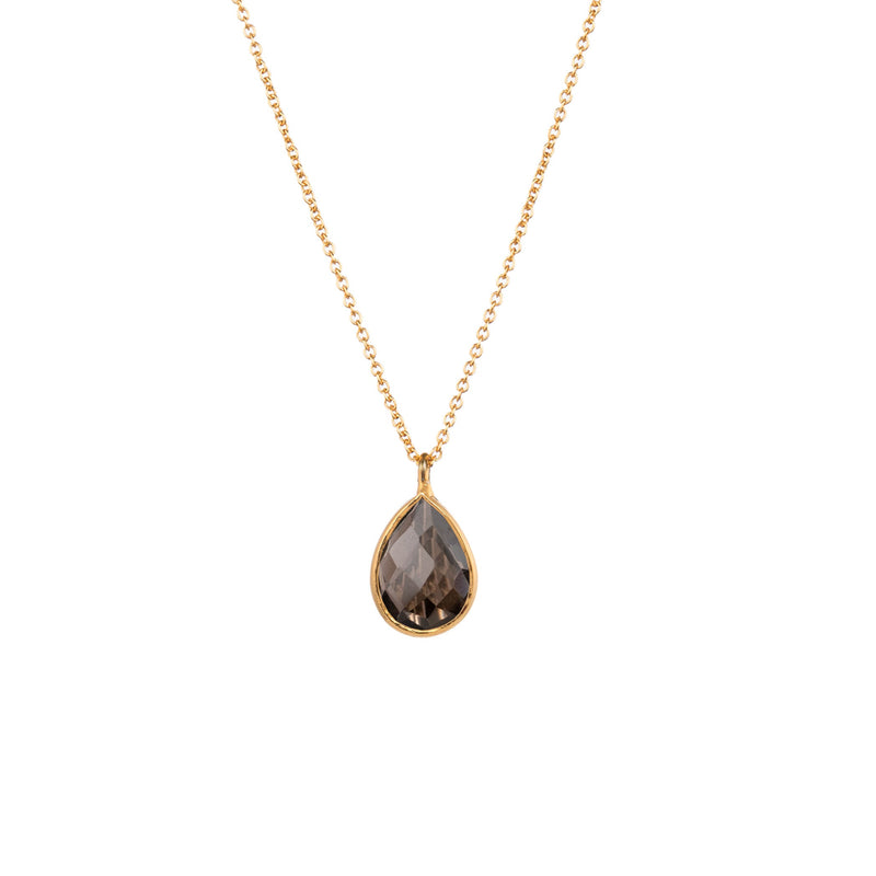 Dew Drops Smoky Quartz Teardrop Pendant Necklace Gold
