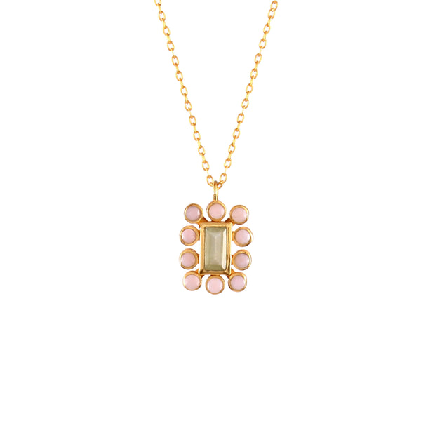 Delicate Vintage Emerald Cut Prenite and Pink Opal Drop Pendant Necklace Gold
