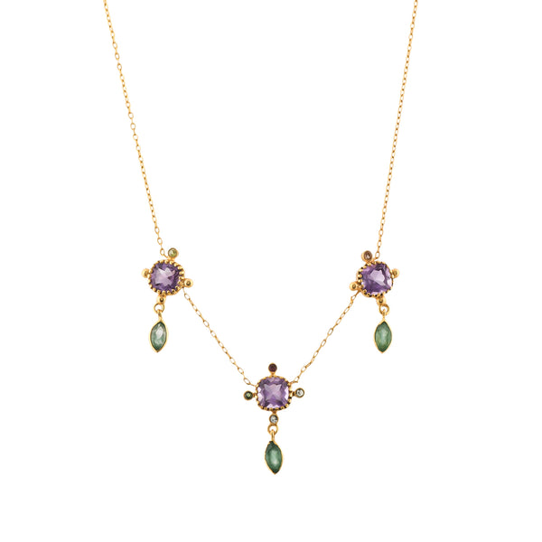 Kaleidoscope Amethyst, Nephrite & Citrine Triple Drop Statement Necklace in Gold