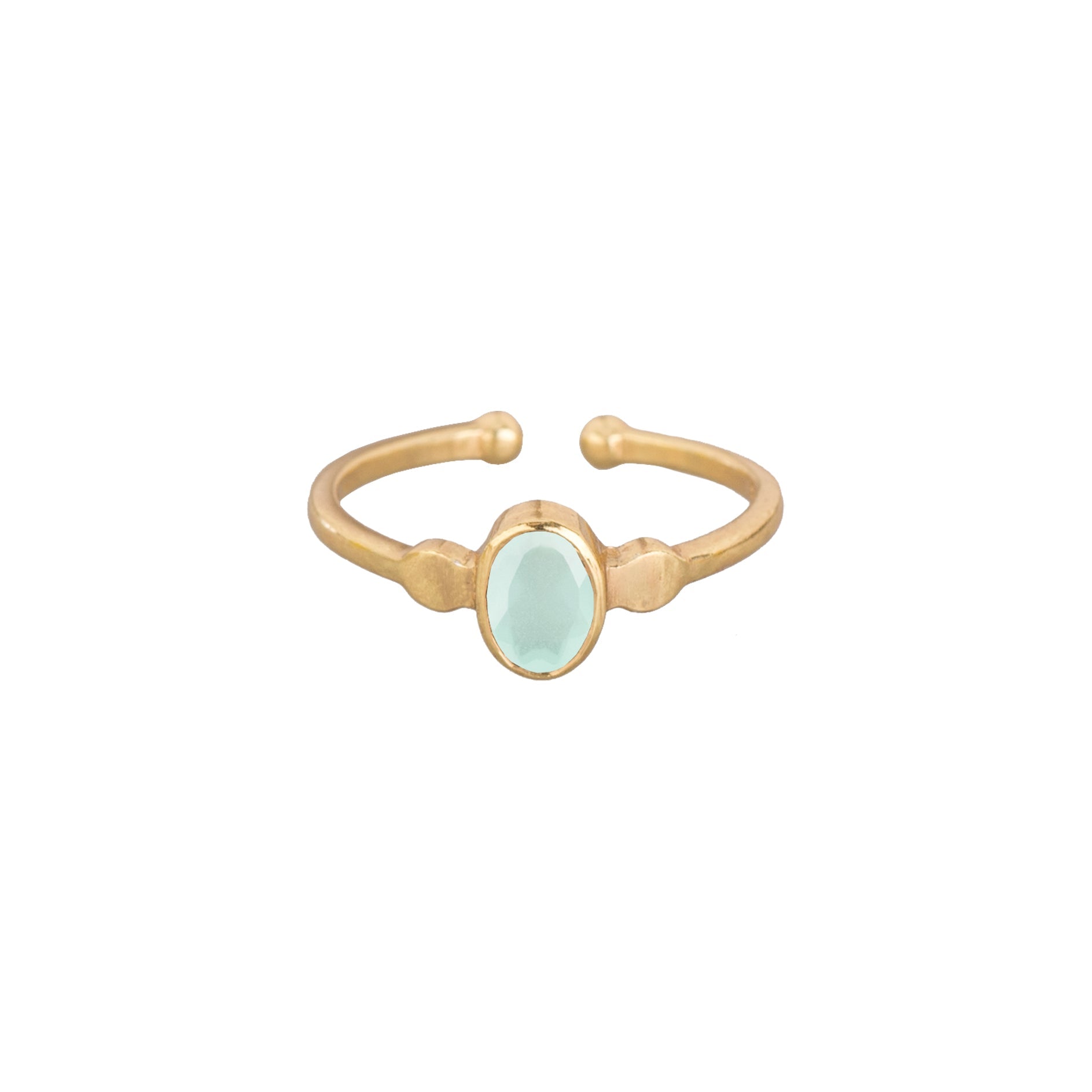 Dew Drops Small Oval Aqua Chalcedony Ring Gold — faceted oval Aqua Chalcedony gemstone in a bezel setting with side accents on an open-back adjustable gold band — Protsaah.