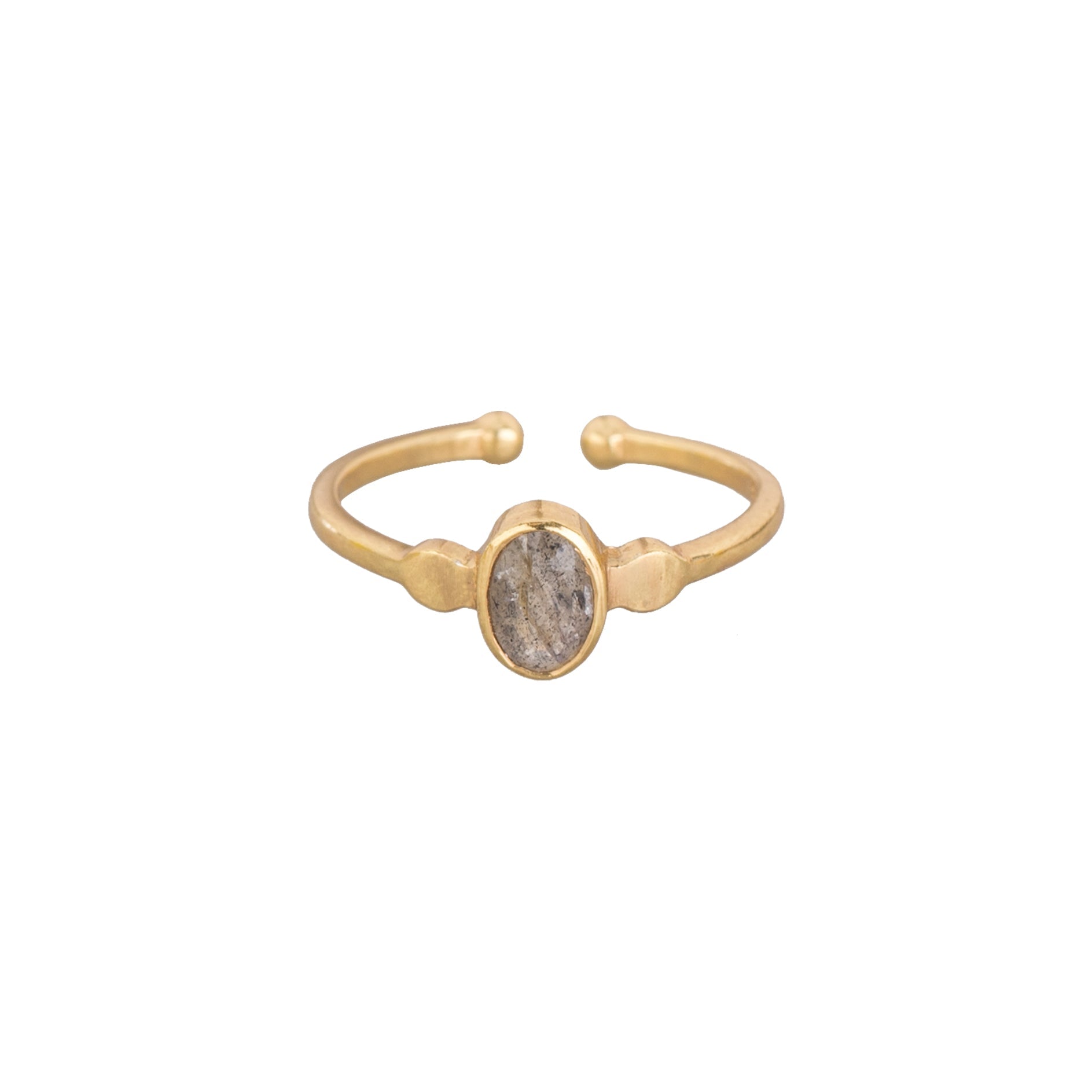 Dew Drops Small Oval Labradorite Ring Gold — faceted oval Labradorite gemstone in a bezel setting with side accents on an open-back adjustable gold band — Protsaah.