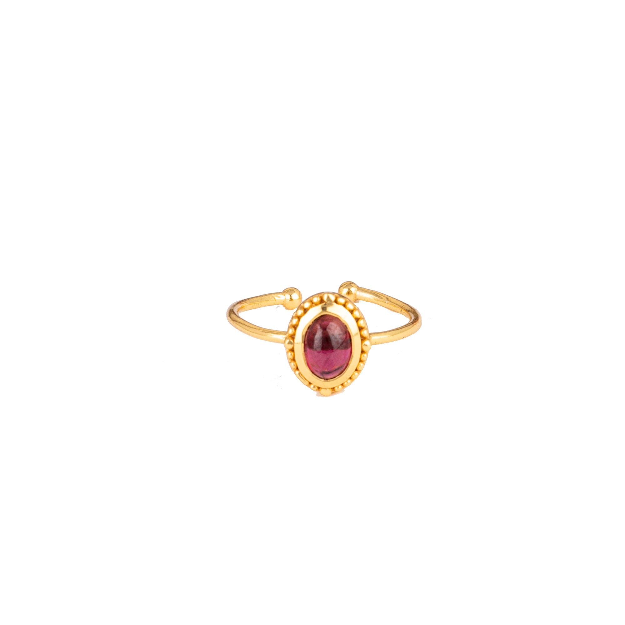 Front-facing view of the Delicate Vintage Gold Bead-Framed Garnet Adjustable Ring featuring an oval cabochon red garnet stone in a beaded-edge bezel setting on a thin open-shank gold band.