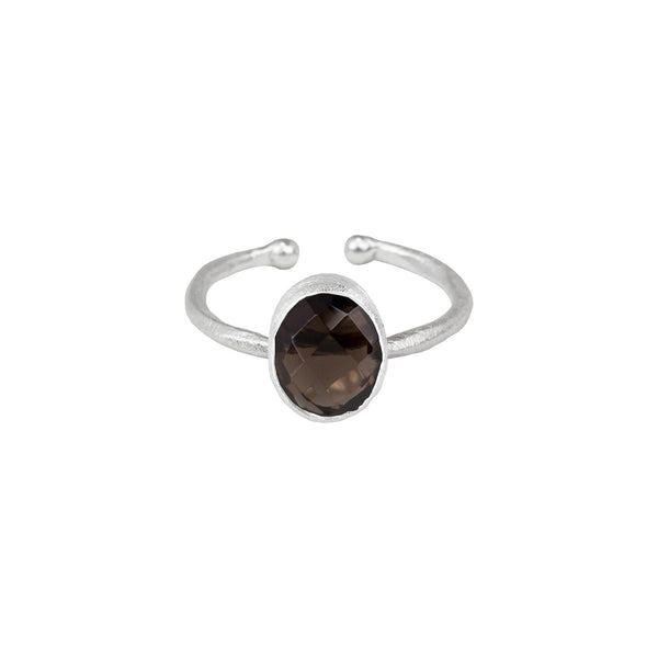 Dew Drops Oval Stone Adjustable Ring in Silver Smoky Quartz