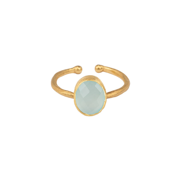 Dew Drops Oval Stone Adjustable Ring in Gold Aqua Calcedony