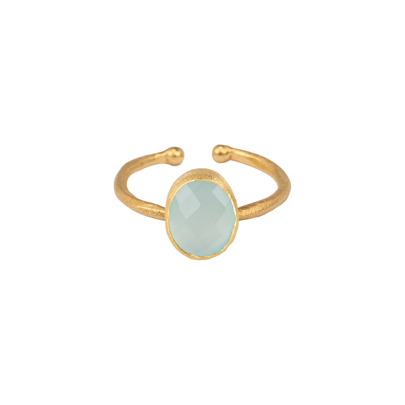 Dew Drops Oval Stone Adjustable Ring in Gold Aqua Calcedony