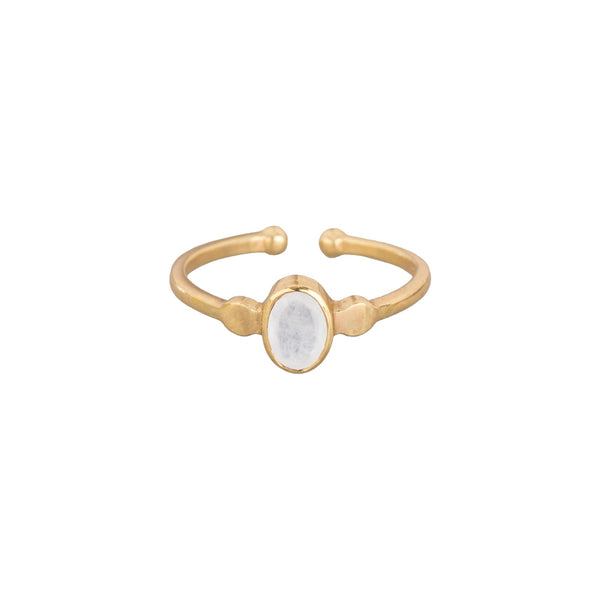 Dew Drops Small Oval Stone Ring Gold Rainbow Moonstone