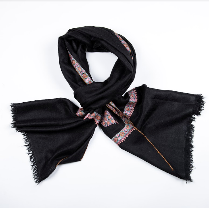 Embroidered Cashmere Stole - Paisley French Border - Black-Pastel