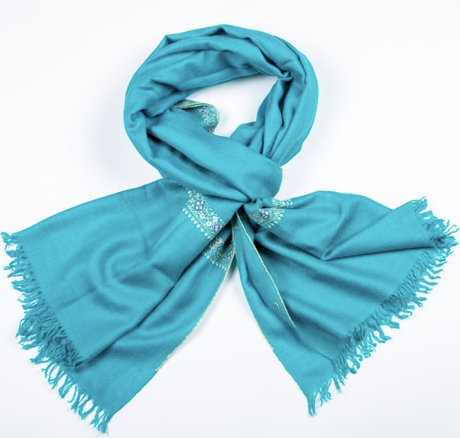 Embroidered Cashmere Stole - Paisley French Border - Blush Blue