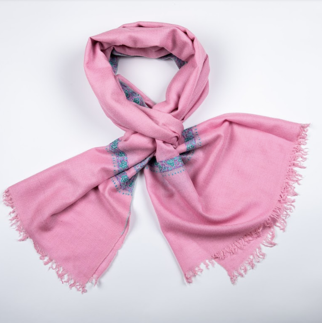 Embroidered Cashmere Stole - Paisley French Border - Blush Pink