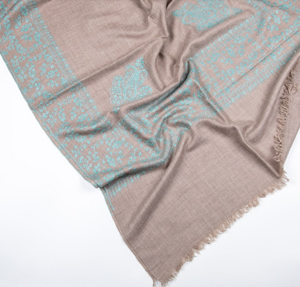 Embroidered Cashmere Stole - Paisley Wide Borders- Natural Grey