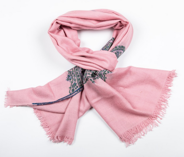 Embroidered Cashmere Stole - Wide Chinar Border- Blush Pink