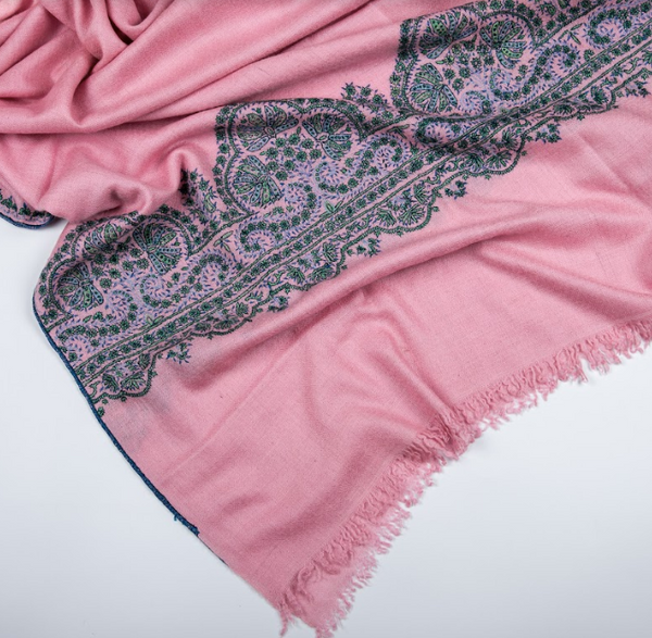 Embroidered Cashmere Stole - Wide Chinar Border- Blush Pink