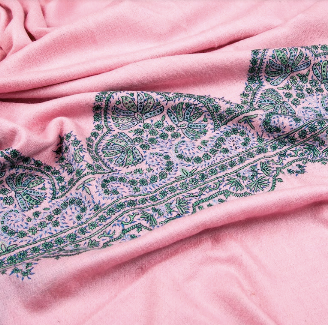 Embroidered Cashmere Stole - Wide Chinar Border- Blush Pink