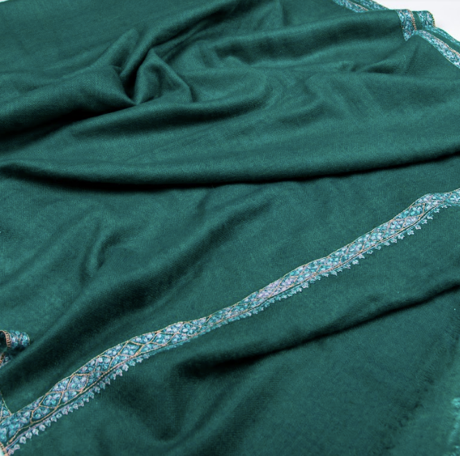Embroidered Cashmere Stoles - Fine French Borders- Emerald Green