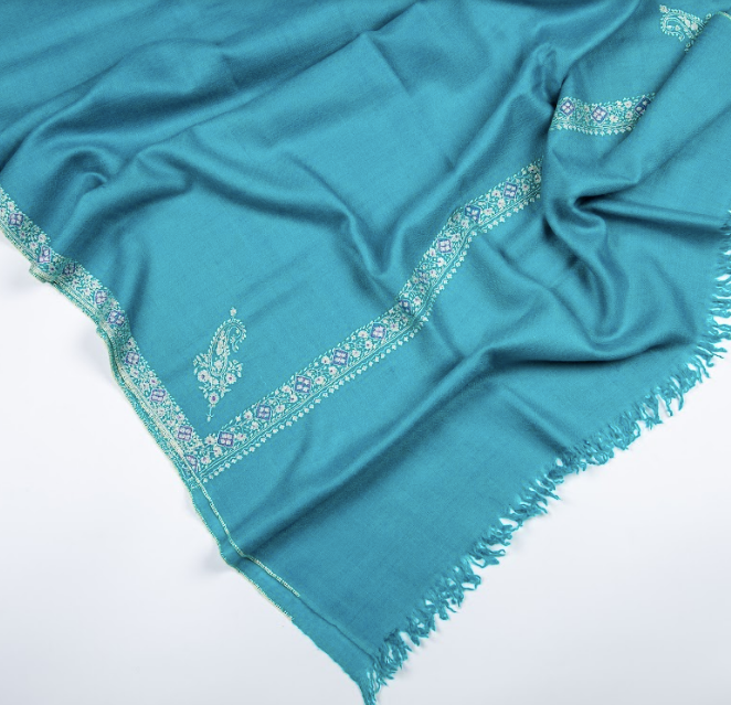 Embroidered Cashmere Stole - Paisley French Border - Blush Blue