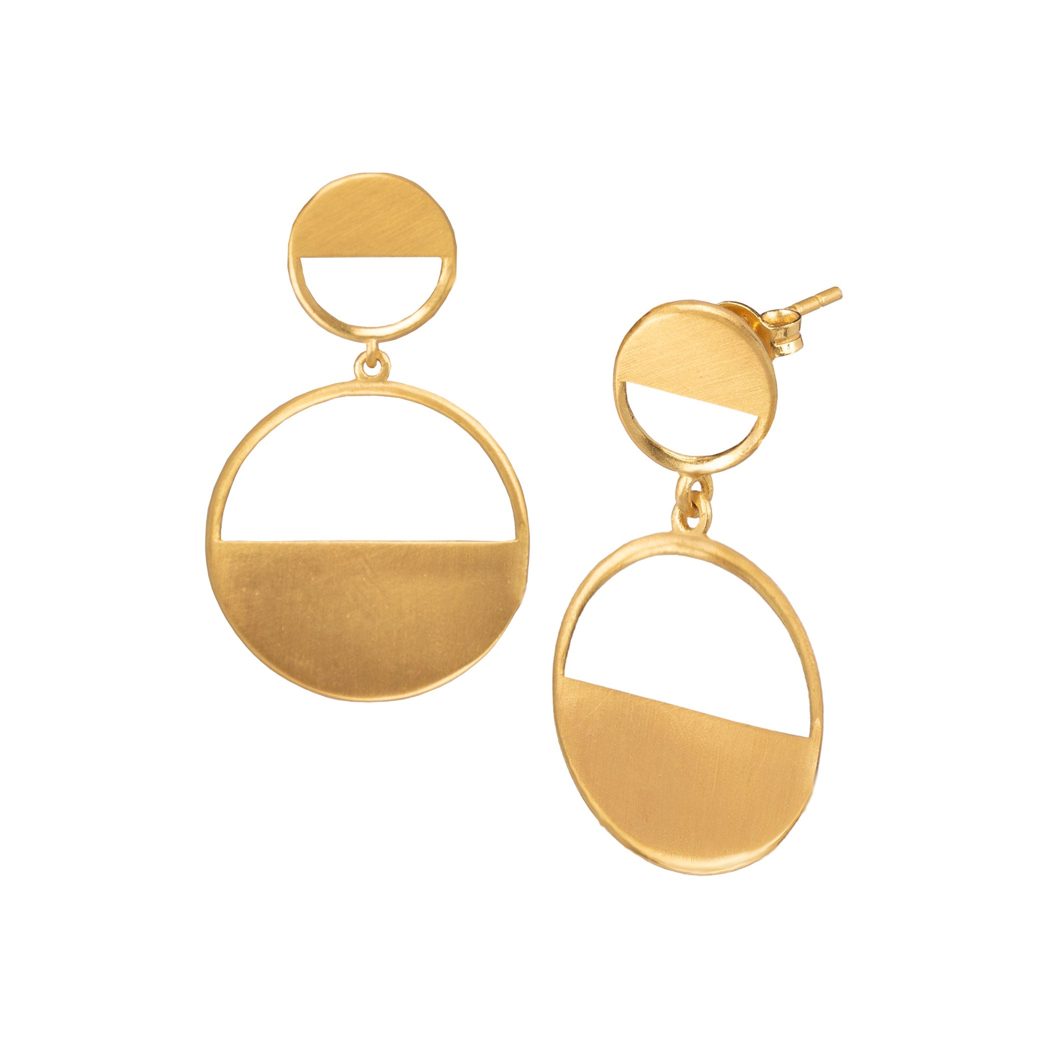 Shimmering Disks Horizon Duo Drop Statement Earrings Gold — half-circle duo drop with hand-applied scratch finish in 92.5 recycled silver by Protsaah Zurich.