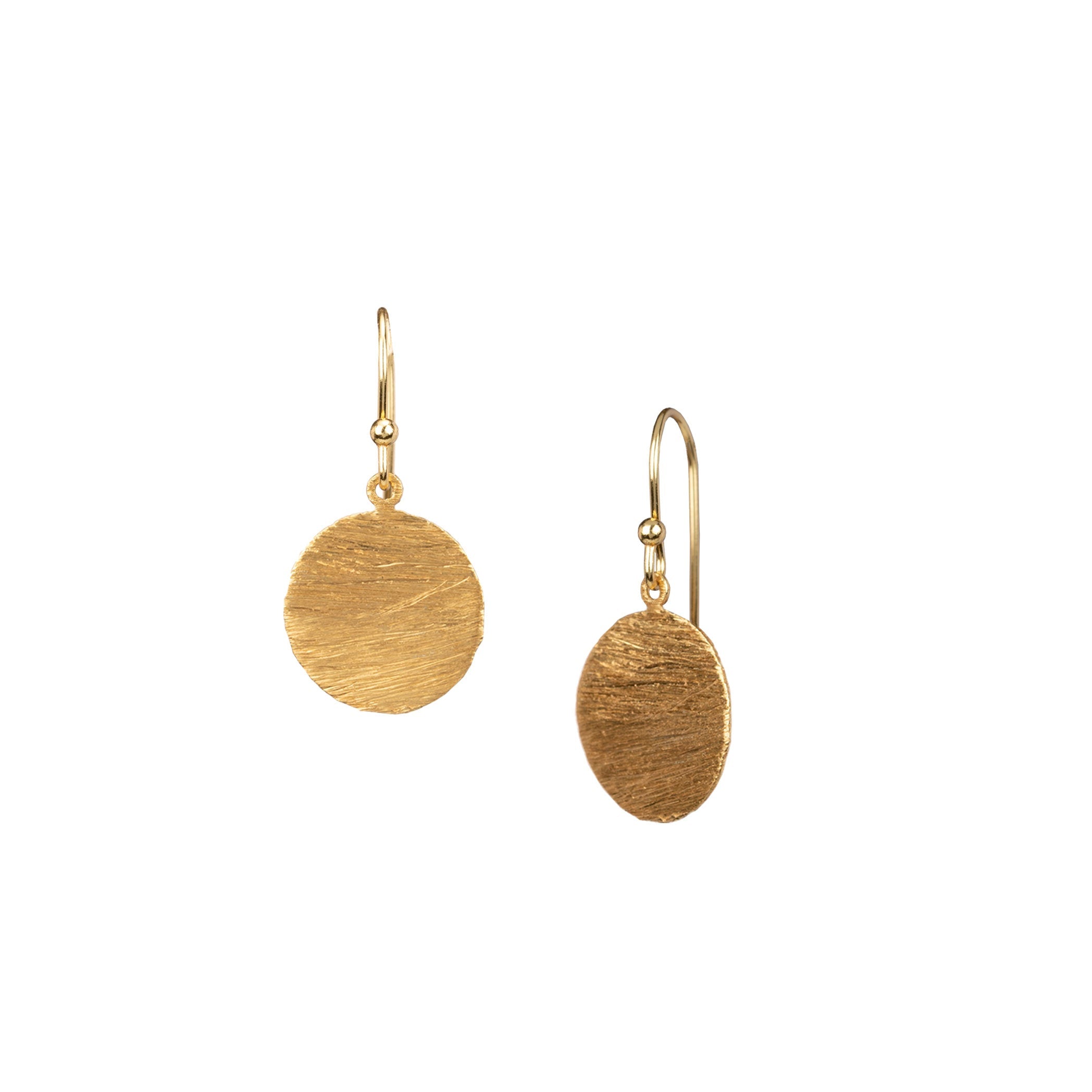 Shimmering Disks Gold Large Drop Earrings; minimalist circular coin drops with a signature brushed-satin gold finish over 92.5 recycled silver.